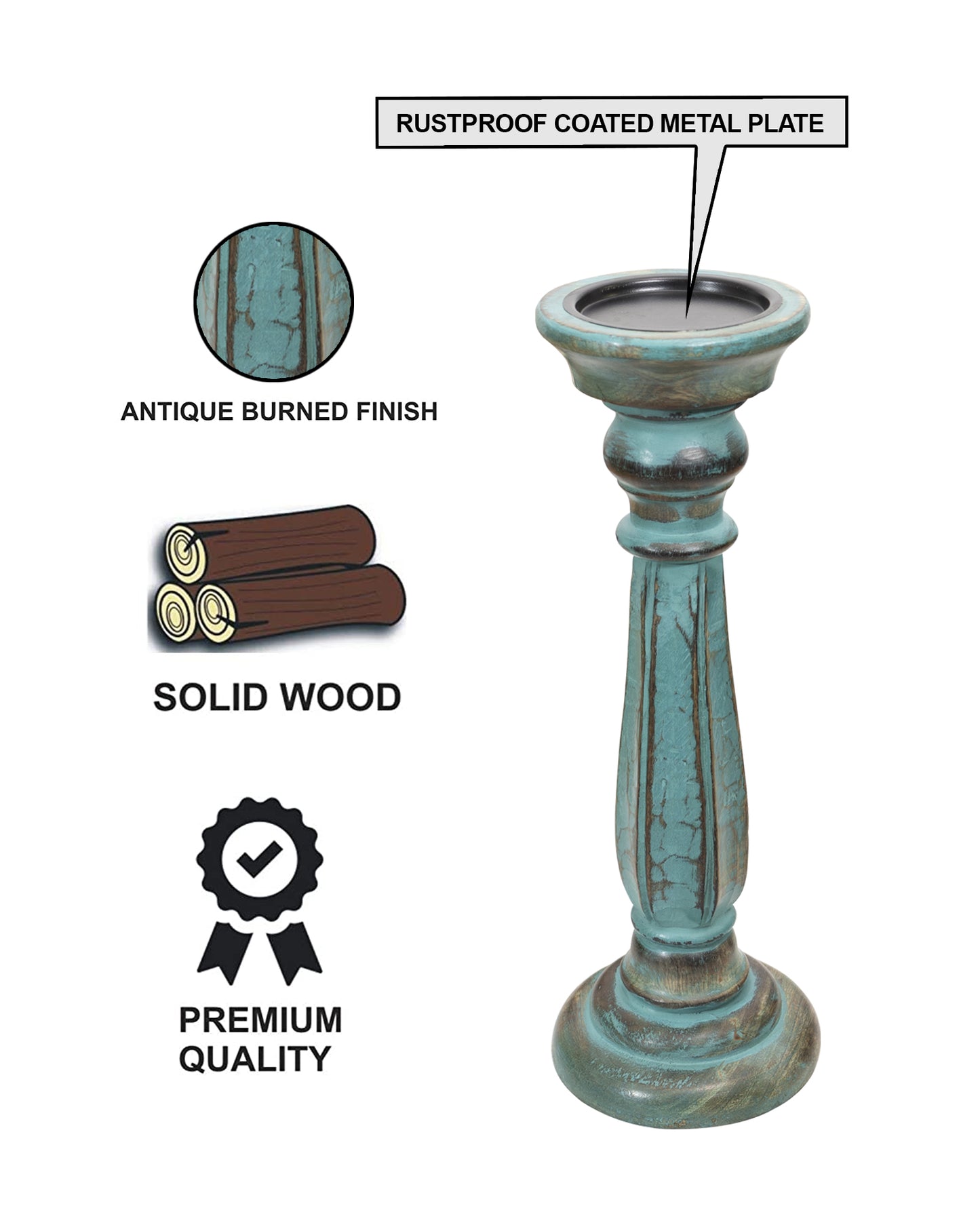 Wooden Pillar Candle Stand, Hand Crafted Wood Candle Holders for Living Room, Table Centerpiece, Hallway Decor Polish, Turquoise