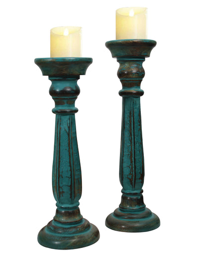 Wooden Pillar Candle Stand, Hand Crafted Wood Candle Holders for Living Room, Table Centerpiece, Hallway Decor Polish, Turquoise