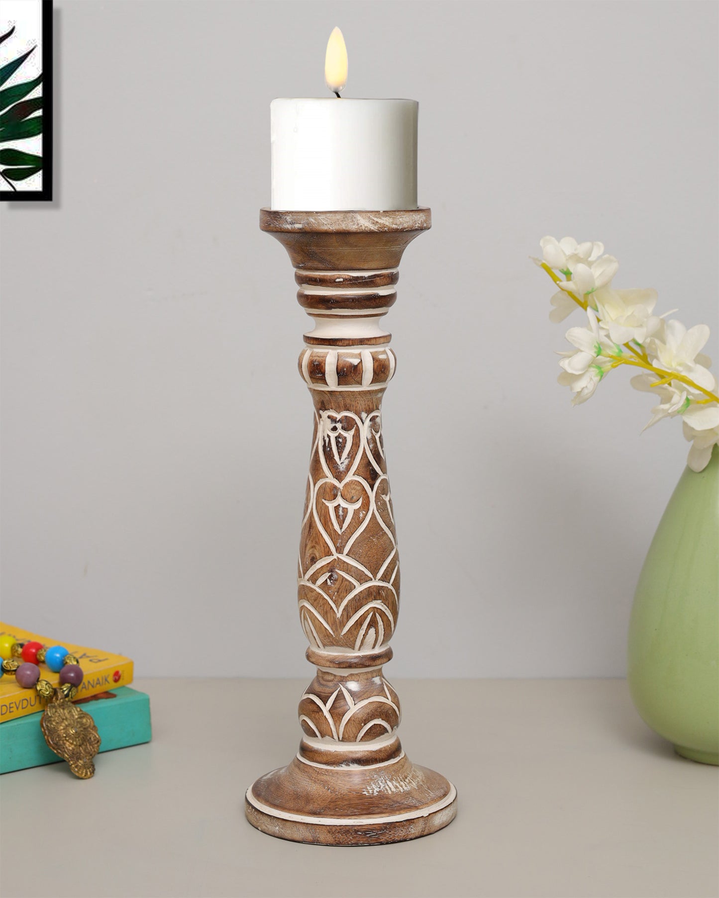 Wooden Pillar Candle Stand, Hand Crafted Wood Candle Holders for Living Room, Table Centerpiece, Hallway Decor Polish, Antique White