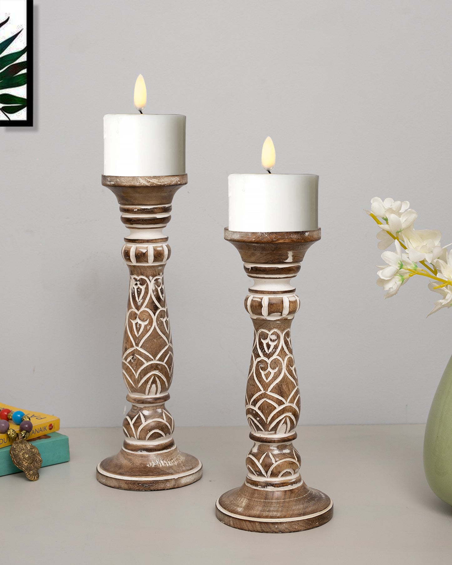 Wooden Pillar Candle Stand, Hand Crafted Wood Candle Holders for Living Room, Table Centerpiece, Hallway Decor Polish, Antique White