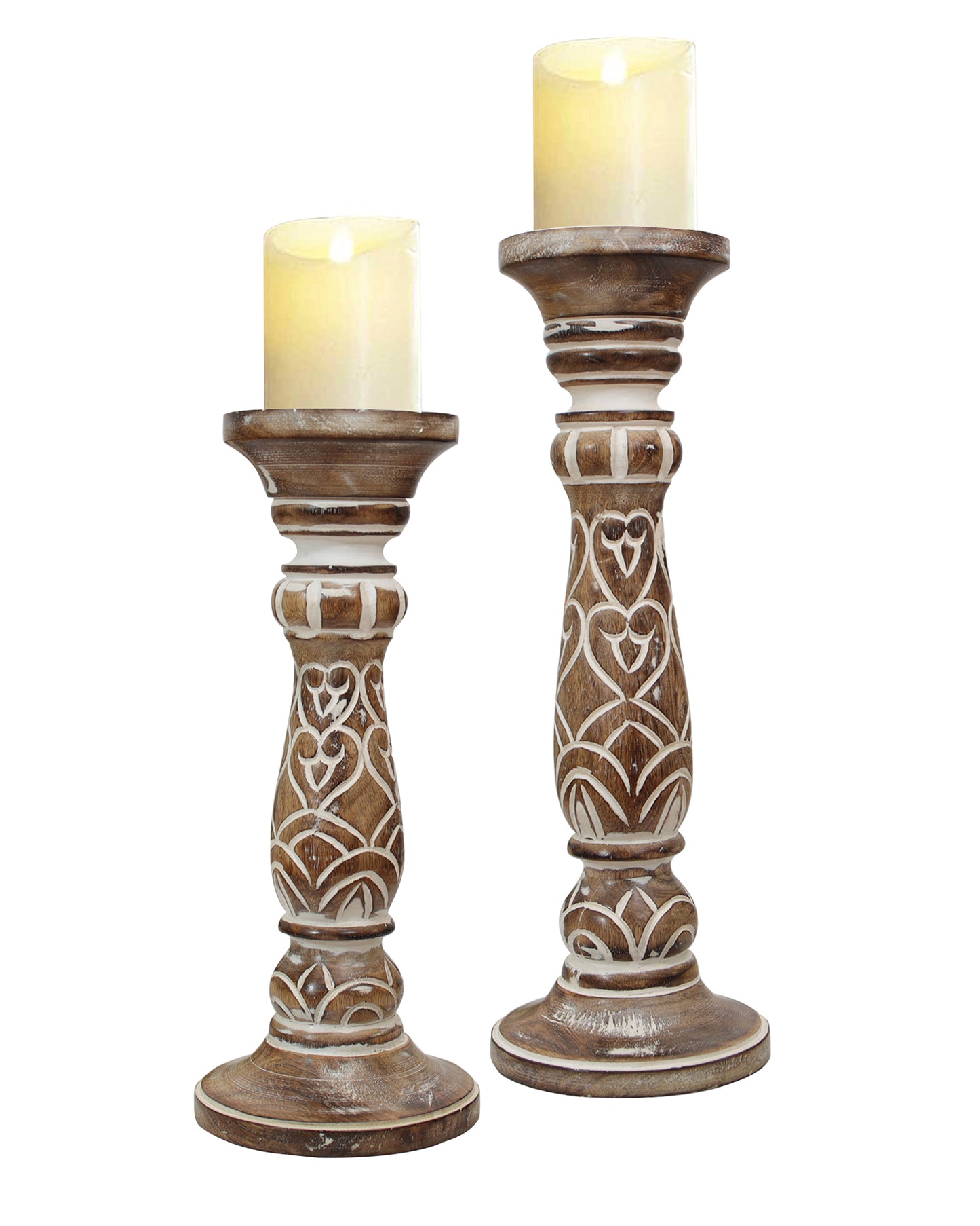 Wooden Pillar Candle Stand, Hand Crafted Wood Candle Holders for Living Room, Table Centerpiece, Hallway Decor Polish, Antique White