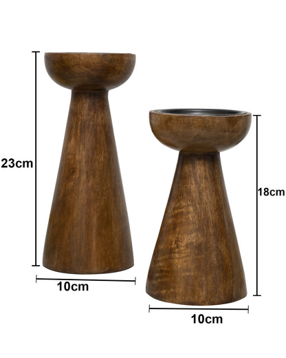 Wooden Pillar Candle Stand, Hand Crafted Wood Candle Holders for Living Room, Table Centerpiece, Hallway Decor Polish, Walnut Cone