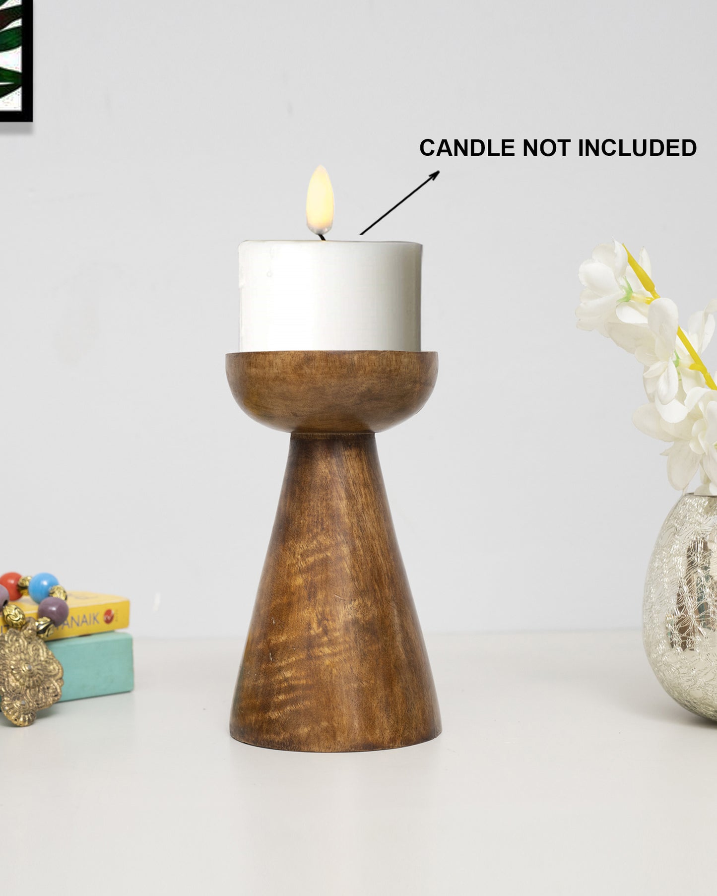 Wooden Pillar Candle Stand, Hand Crafted Wood Candle Holders for Living Room, Table Centerpiece, Hallway Decor Polish, Walnut Cone