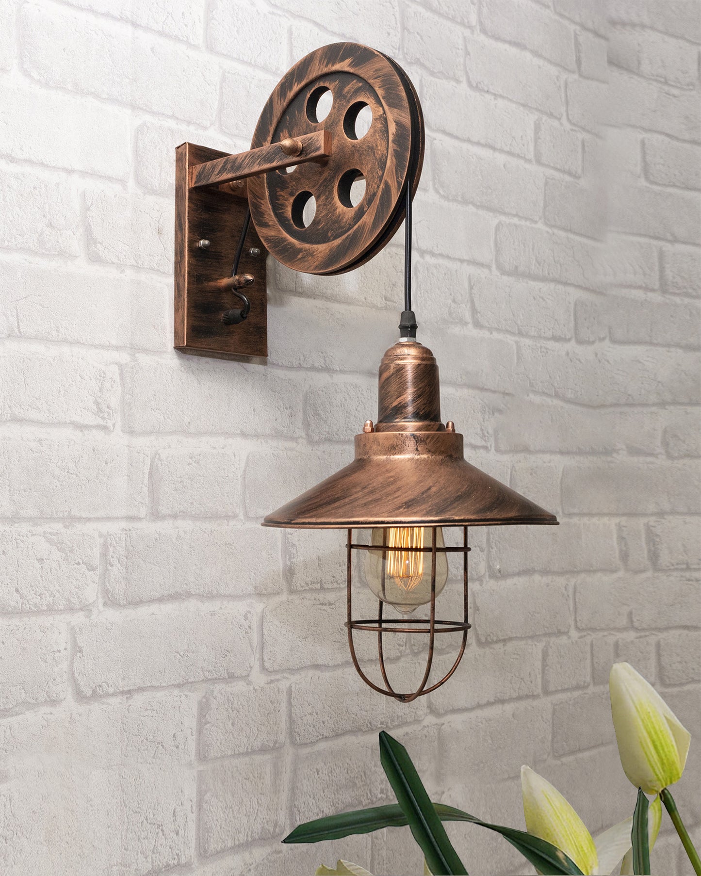 Industrial Mid Century Iron Wall Cone Lift Pulley Iron Cone Shade Indoor Lighting Barn Restaurant Bronze