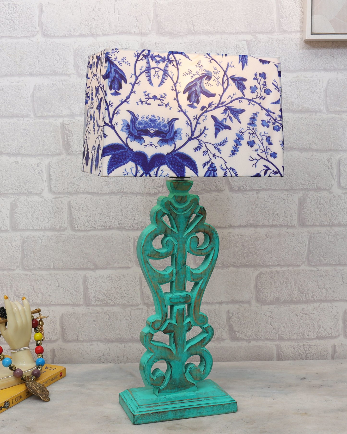 Sculptural Hand Carved Wood Table Lamp with Blue Birds shade, Mint Green.