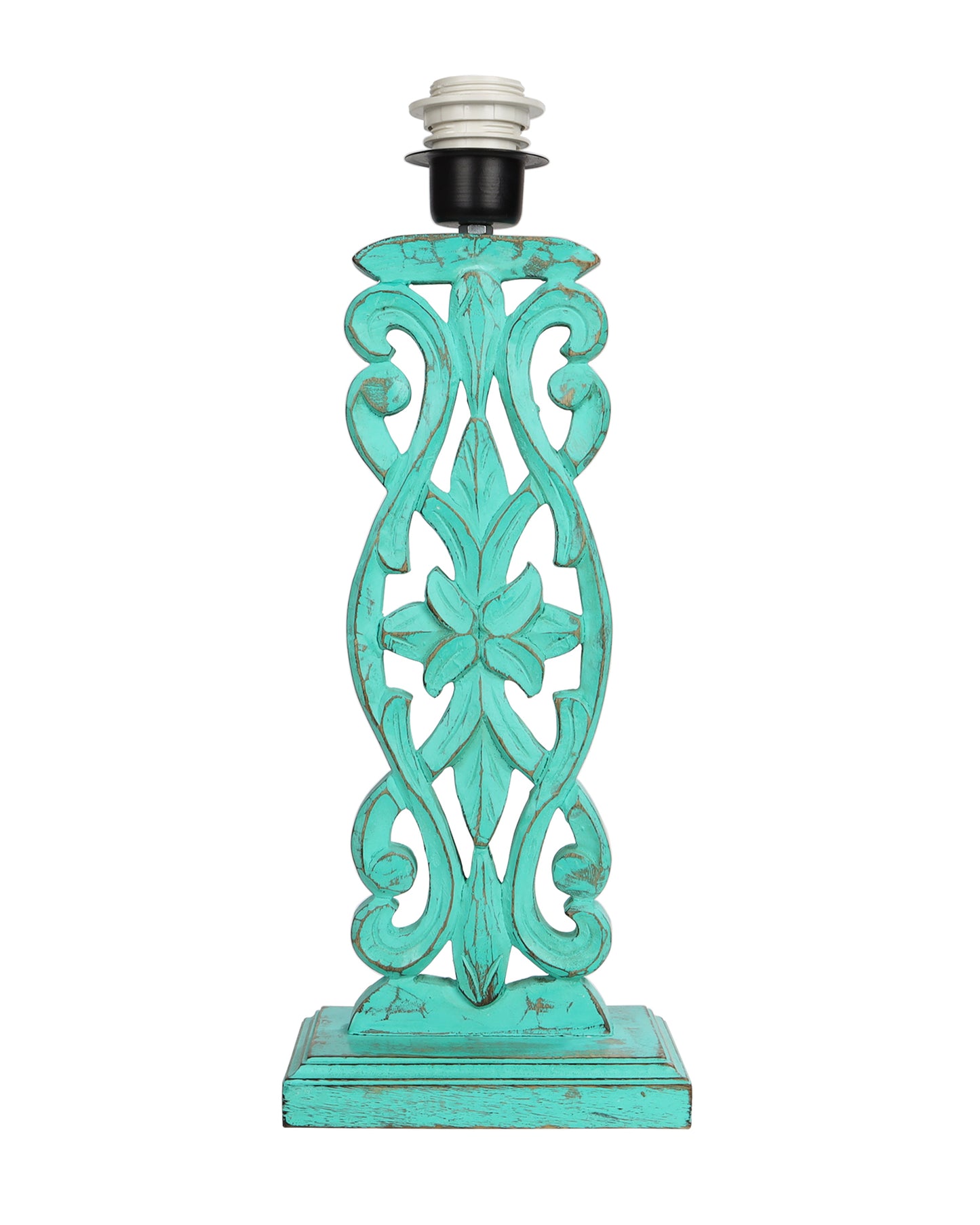 Sculptural Hand Carved Wood Table Lamp with Blue Birds shade, Mint Green.