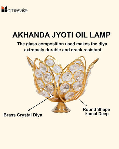 Lotus Shape Crystal Akhand Diya Jyothi Oil Deepam Brass for Puja Home Decor