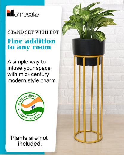 Metal Planters Outdoor & Indoor, Metal Farmhouse Decor for Garden, Patio, Porch & Balcony, Pots with Stand, Front Door Decorative set of 2, Black Round Base