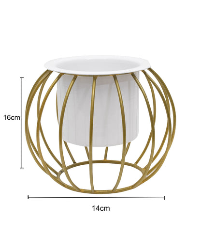 Combo of 2 Table Top Designer Metallic Gold Metal Stand with Planters, Small White Metal Pots for Livingroom, Balcony & Home Decoration, set of 2