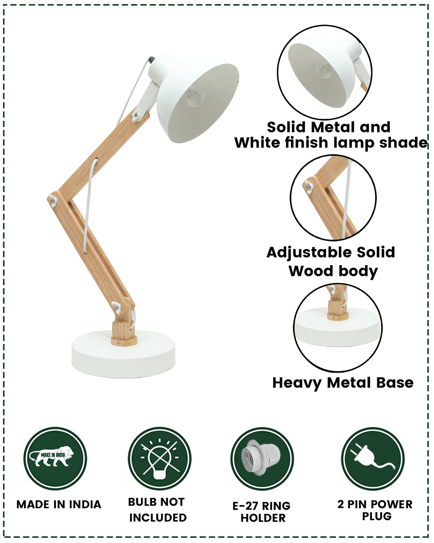 Wood Metal Desk Lamp, Swing Arm Desk Lamp, Adjustable Architect Study Table Lamp, Reading Lamp for Home, Office, Multi-Joint