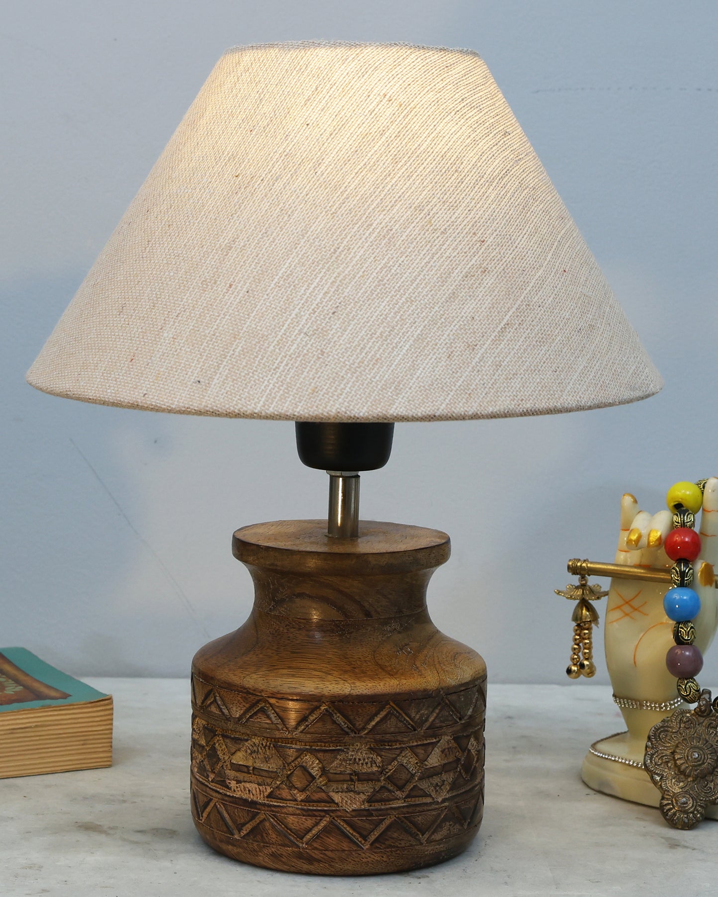 Wood Table Lamp, Modern Base Fabric Lampshade for Home Office Cafe Restaurant, Carved Pot