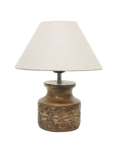 Wood Table Lamp, Modern Base Fabric Lampshade for Home Office Cafe Restaurant, Carved Pot