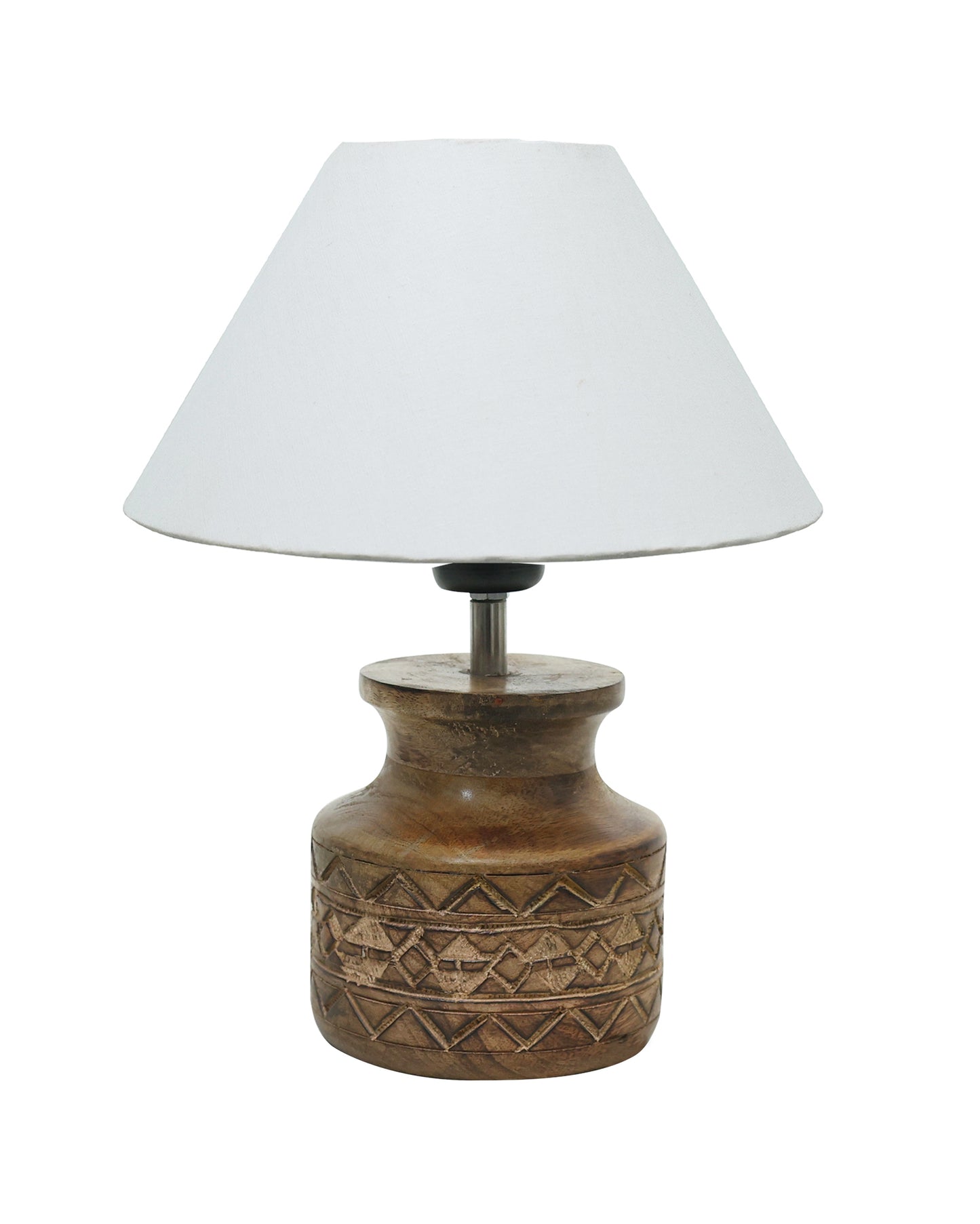 Wood Table Lamp, Modern Base Fabric Lampshade for Home Office Cafe Restaurant, Carved Pot