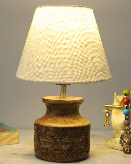 Wood Table Lamp, Modern Base Fabric Lampshade for Home Office Cafe Restaurant, Carved Pot, White Jute