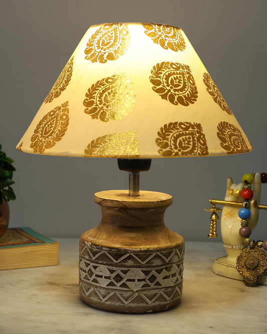 Wood Table Lamp, Modern Base Fabric Lampshade for Home Office Cafe Restaurant, Whitewash Pot