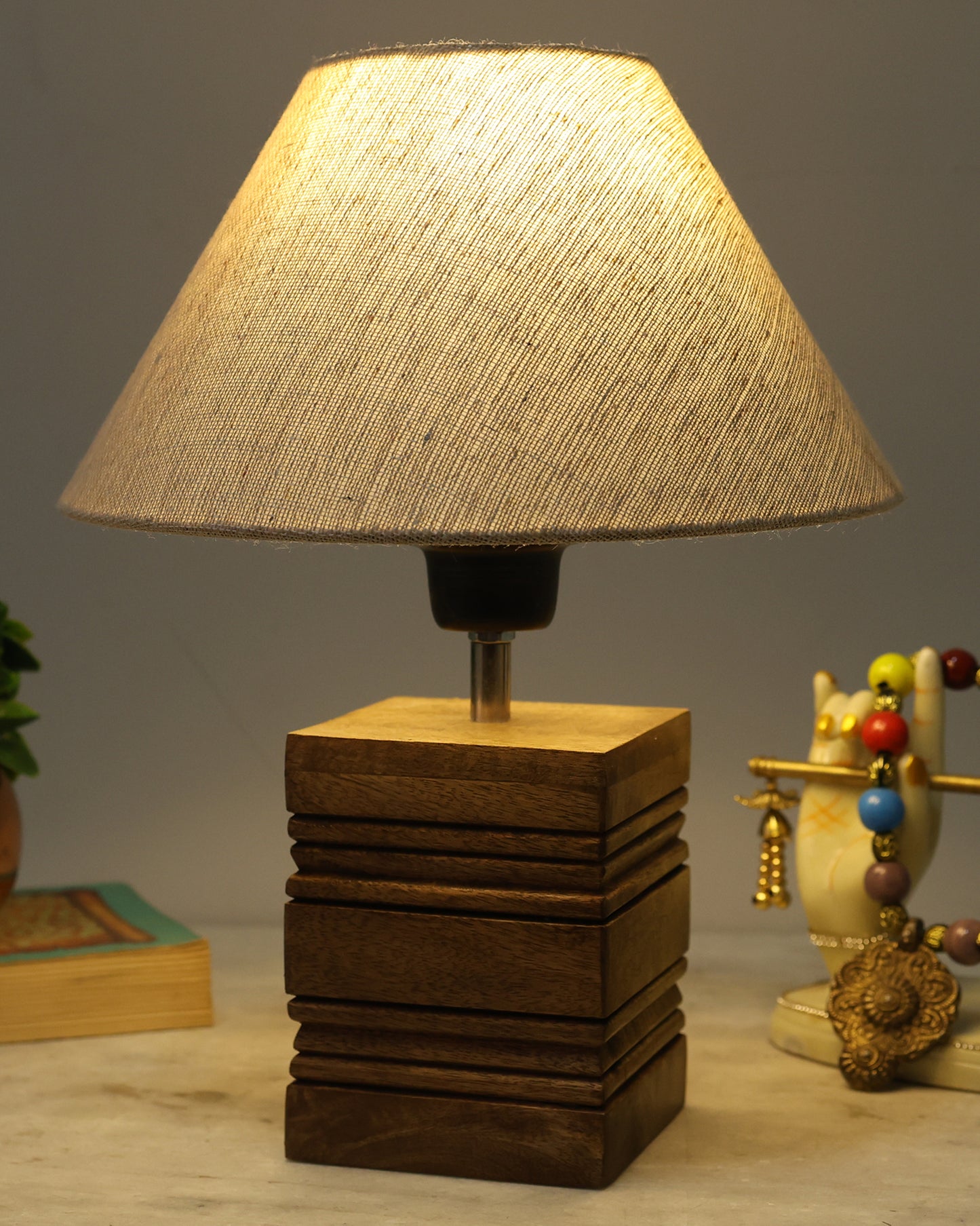 Wood Table Lamp, Modern Base Fabric Lampshade for Home Office Cafe Restaurant, Rib Cube