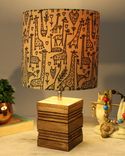 Wood Table Lamp, Modern Base Fabric Lampshade for Home Office Cafe Restaurant, Rib Cube