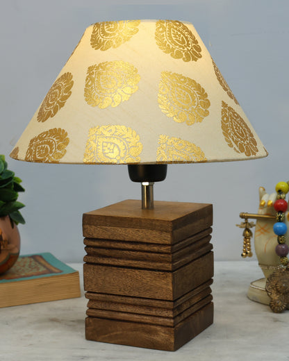 Wood Table Lamp, Modern Base Fabric Lampshade for Home Office Cafe Restaurant, Rib Cube