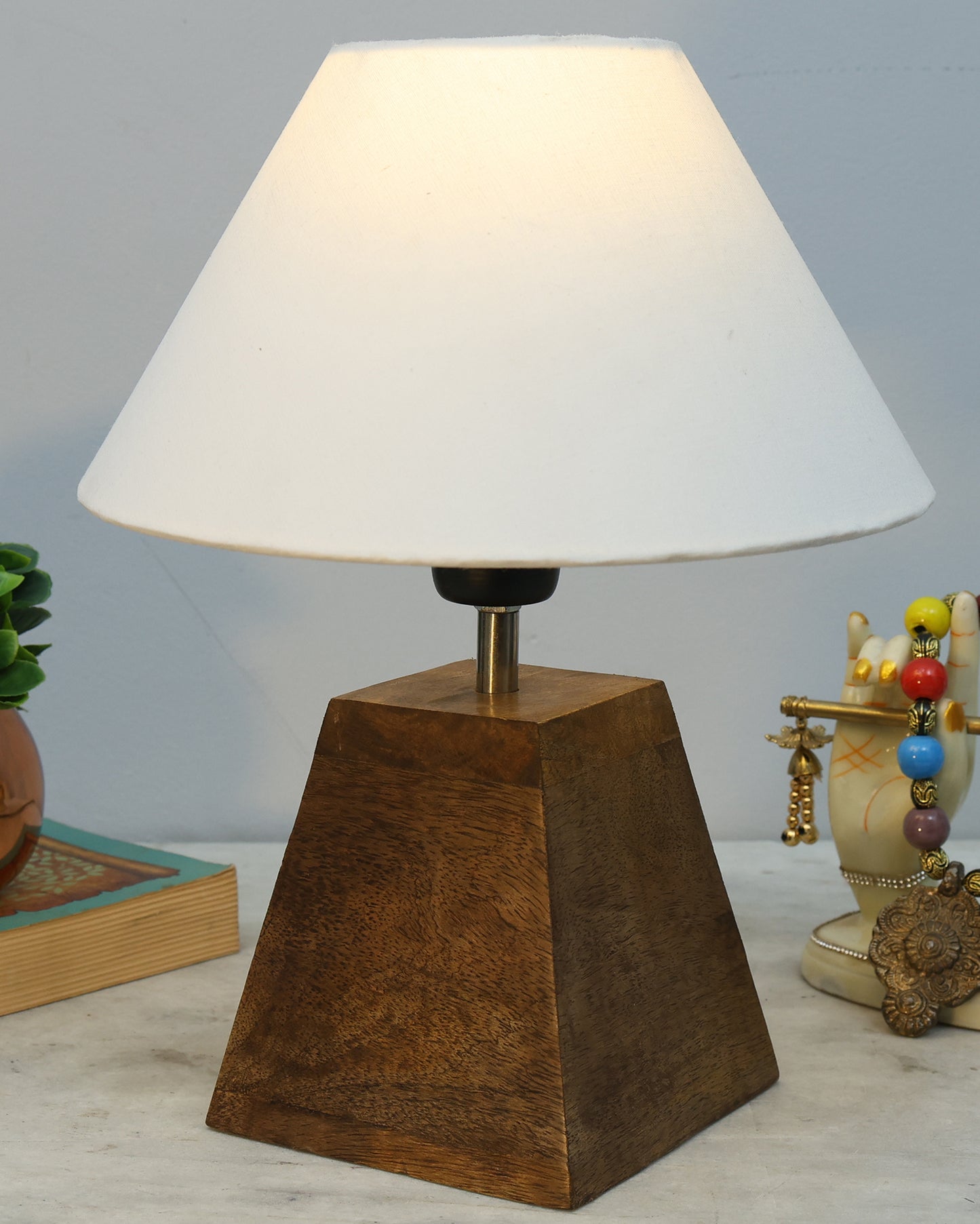 Wood Table Lamp, Modern Base Fabric Lampshade for Home Office Cafe Restaurant, Pyramid