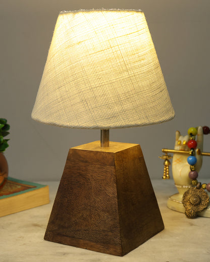 Wood Table Lamp, Modern Base Fabric Lampshade for Home Office Cafe Restaurant, Pyramid, White Jute