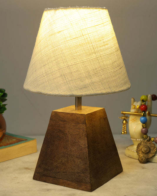 Wood Table Lamp, Modern Base Fabric Lampshade for Home Office Cafe Restaurant, Pyramid, White Jute