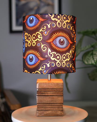 Wood Table Lamp, Modern Base Fabric Lampshade for Home Office Cafe Restaurant, Rib Cube