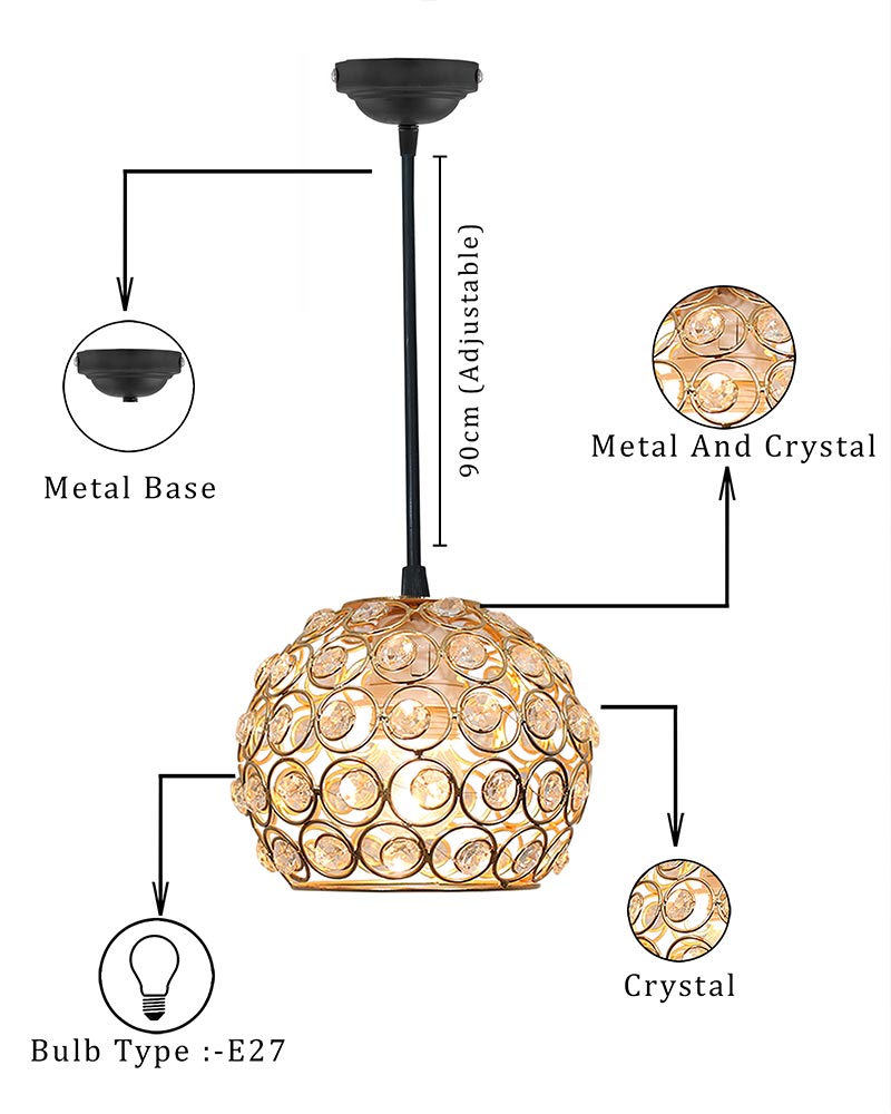 Glossy Gold Crystal hanging light, ceiling lamp, Nordic E27 pendant, Dual Ring Half Round