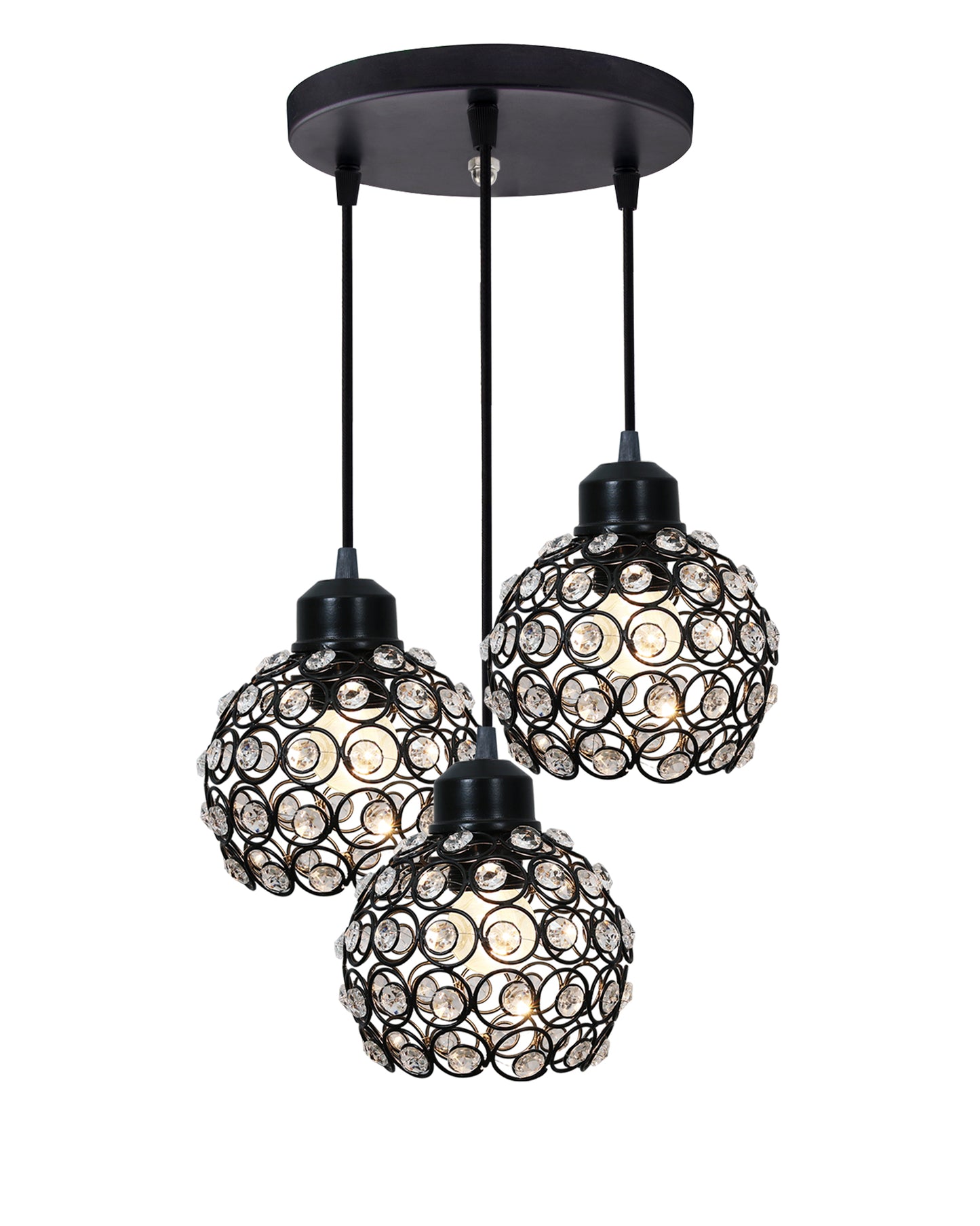 3-lights Round Cluster Chandelier Crystal hanging Pendant Light, Dual Crystal half globe