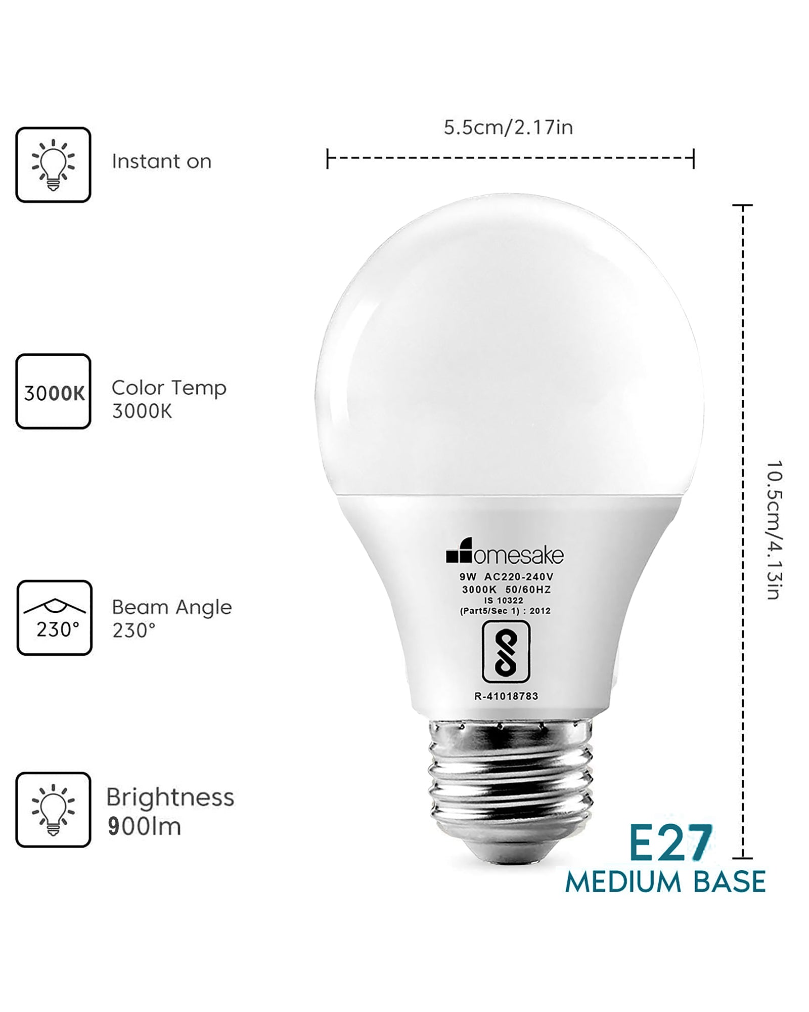 Polycarbonate Base E27 9 Watt LED Lamp Screw Thread Type Lamp Bulb Warm White 3000K