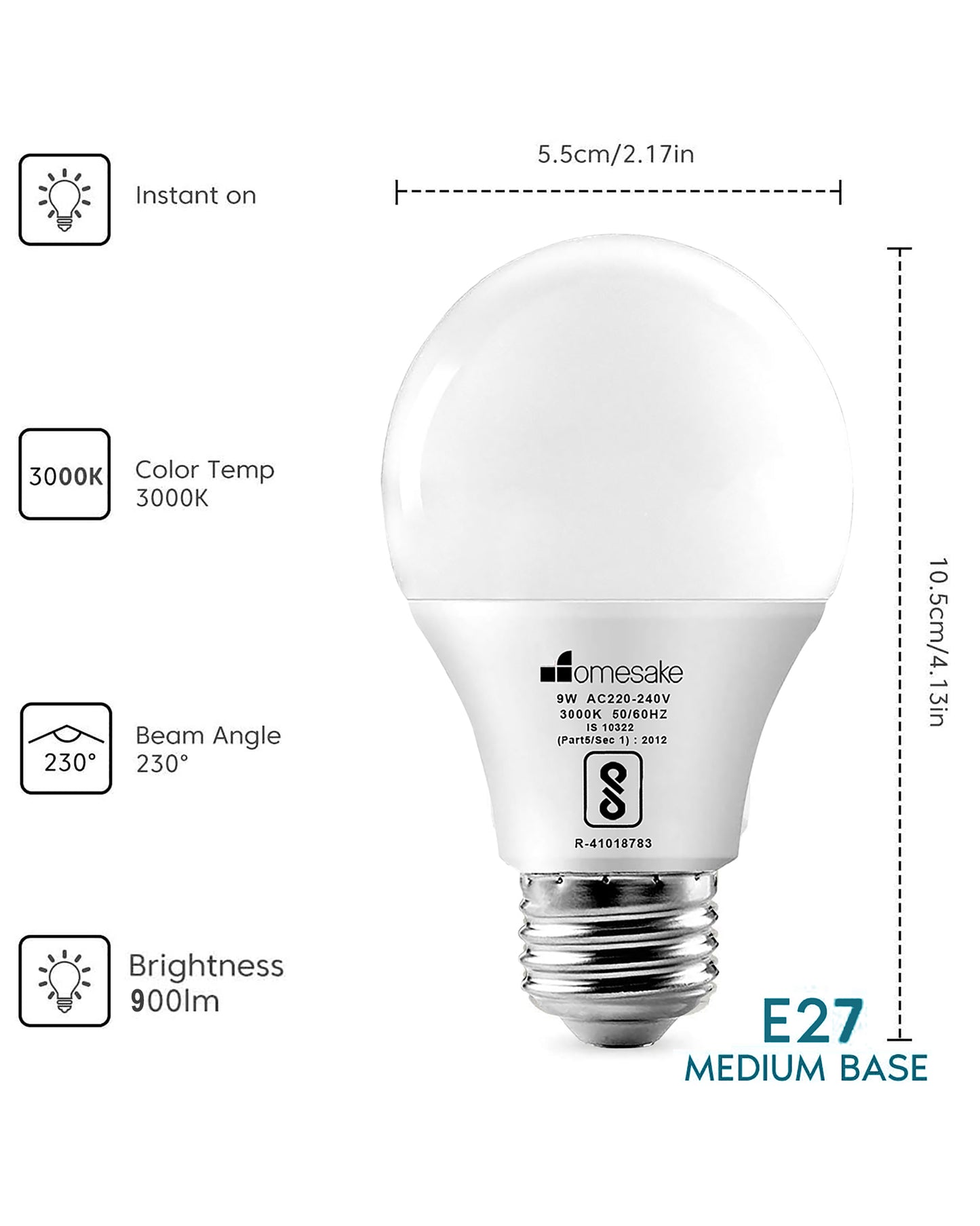 Polycarbonate Base E27 9-Watt LED Lamp- Screw/Thread Type Lamp/Bulb - Warm White 3000K