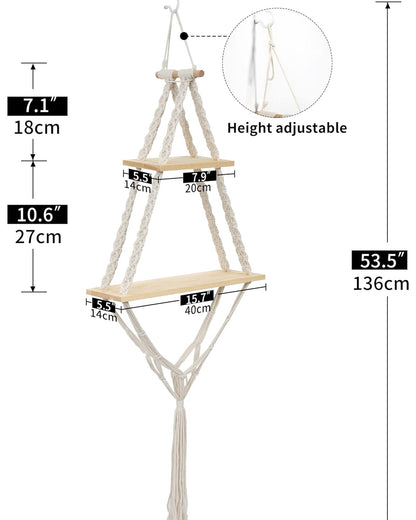 Macrame Hanging Shelves 2 Tiers Floating Shelf Natural Wood Wall Shelves Chic Boho Decor, Pine Wood Cotton Rope Bohemian Floating Plants Storage for Bedroom Bathroom Living Room, Beige