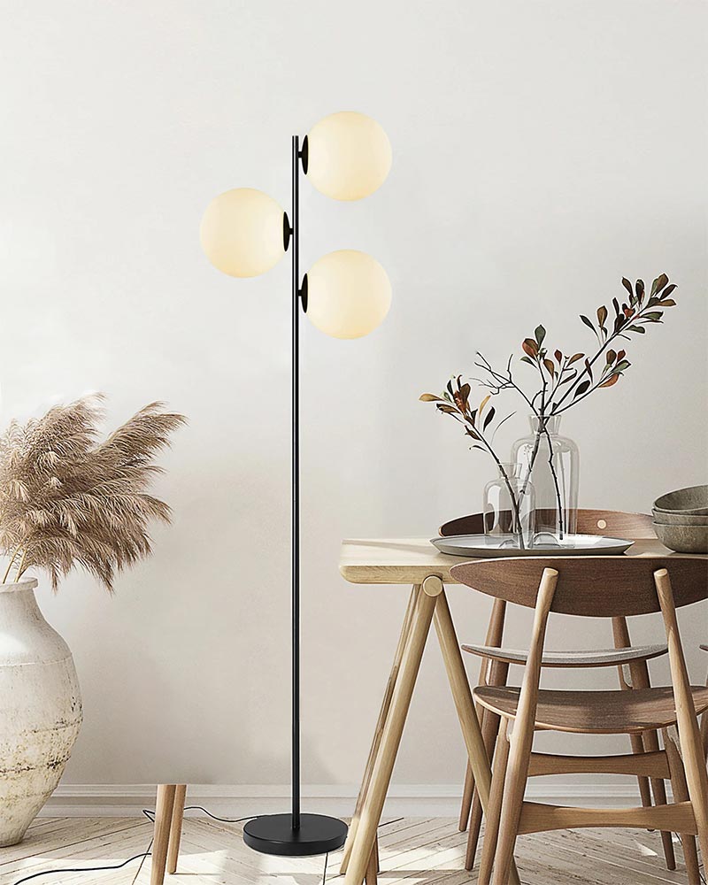 Modern Industrial Tree Floor Lamp with 3 White Frosted Glass Globe Shades, 62"