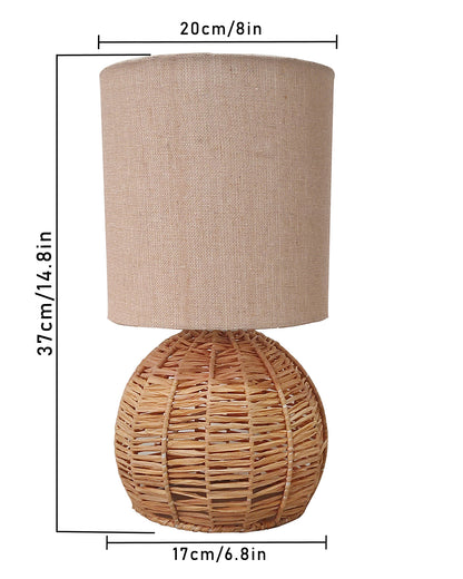 Raffia Rattan Table Lamp, Small Nightstand Lamp with Linen Fabric Lampshade, Desk Lamp Bedside Lamp for Living Room Home Office Round