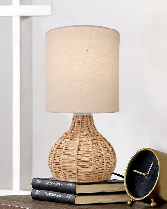 Raffia Rattan Table Lamp, Small Nightstand Lamp with Linen Fabric Lampshade, Desk Lamp Bedside Lamp for Living Room Home Office , Spinning