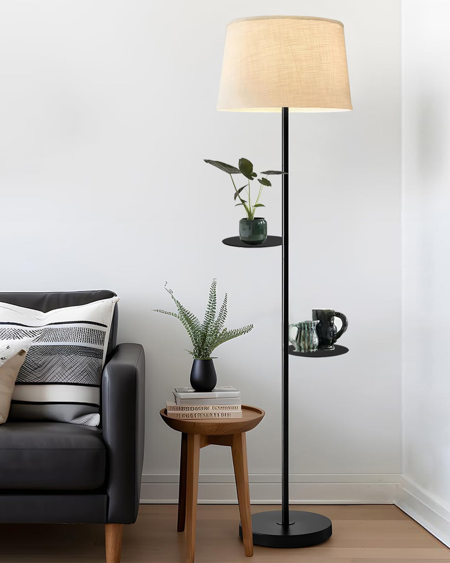 Dual Shelf Floor Lamp with Fabric Shade ,Nightstand Reading Floor Lamp with Shelves.