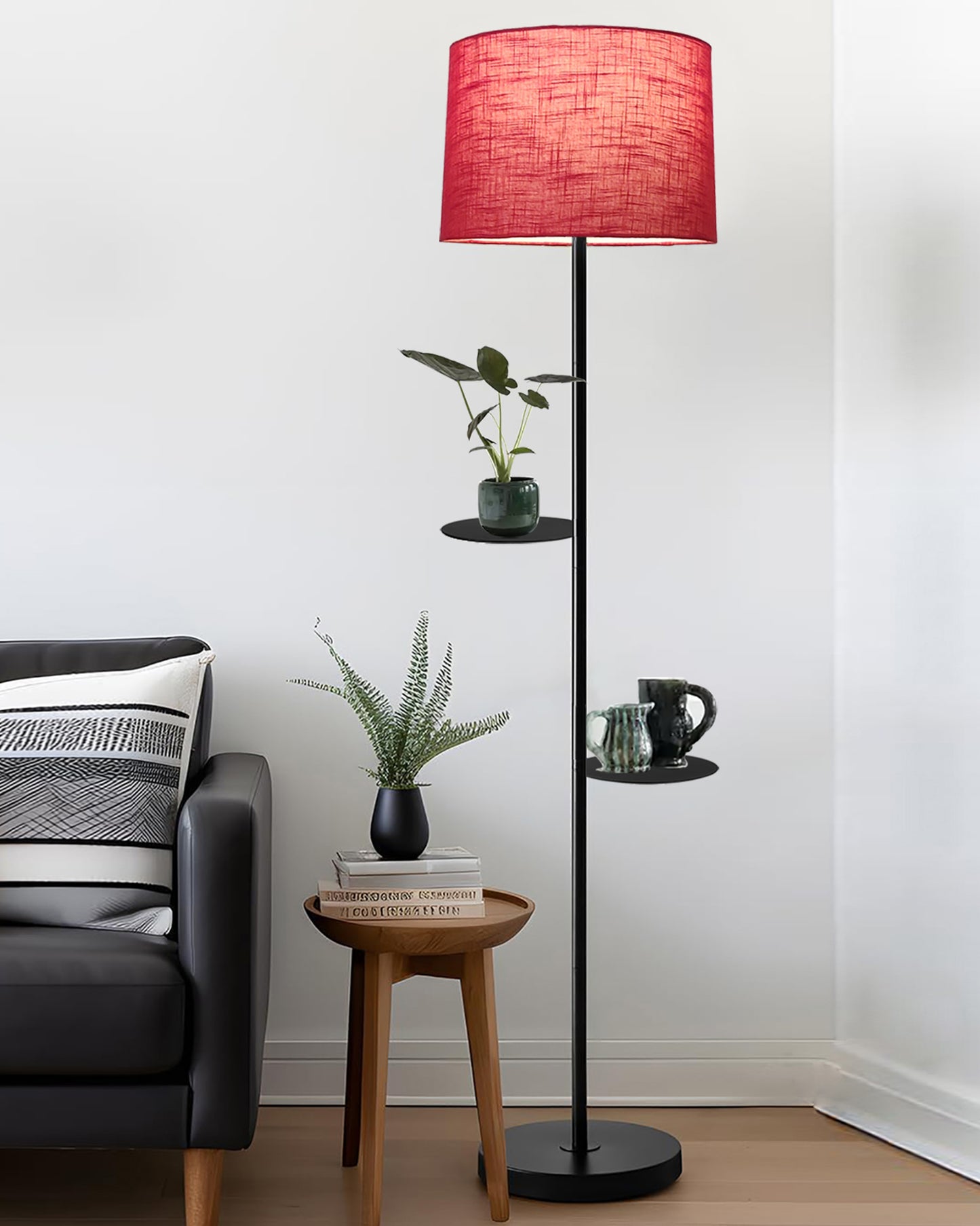 Dual Shelf Floor Lamp with Fabric Shade ,Nightstand Reading Floor Lamp with Shelves.