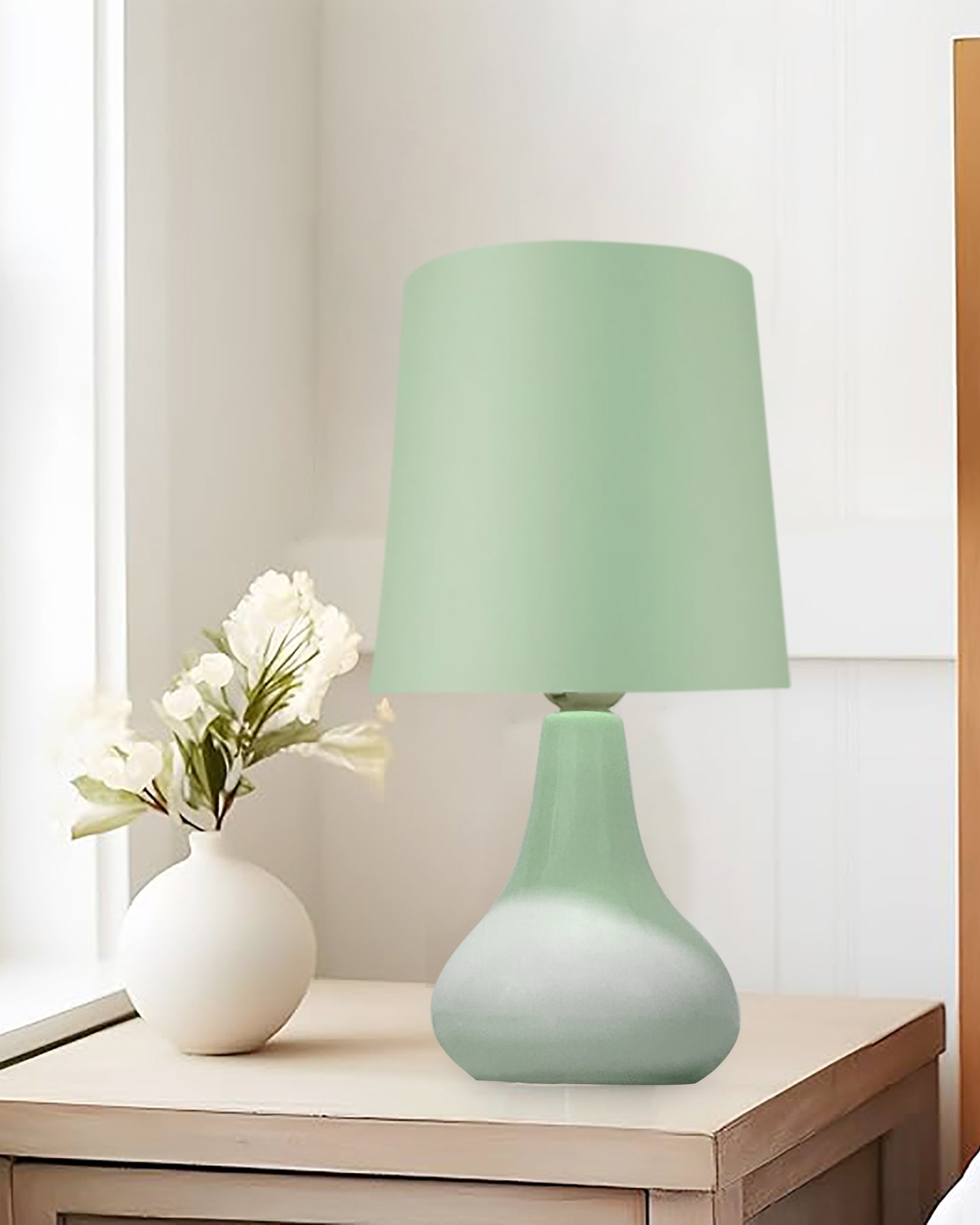 Bedside Ceramic Table Lamp, Classic Desk lamp for Living Room Bedroom, Farmhouse Nightstand Lamps Teardrop with Sage Fabric Shade