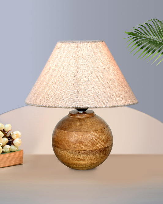 Round Wood Rustic Table Lamp for Bedroom, Living Room, Dining Room, Accent Table, Coffee Table, Nordic Fabric Shade