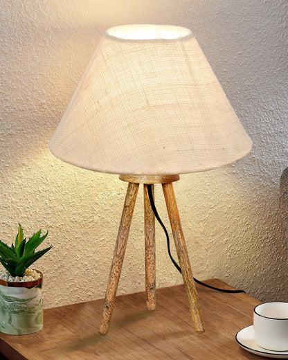 Wood Tripod Small Table Lamps, Rustic Antique Dimmable Bedside Lamp with Linen Lampshade, Nightstand Lamp for Nursery, Bedroom, Kid Room, Living Room,