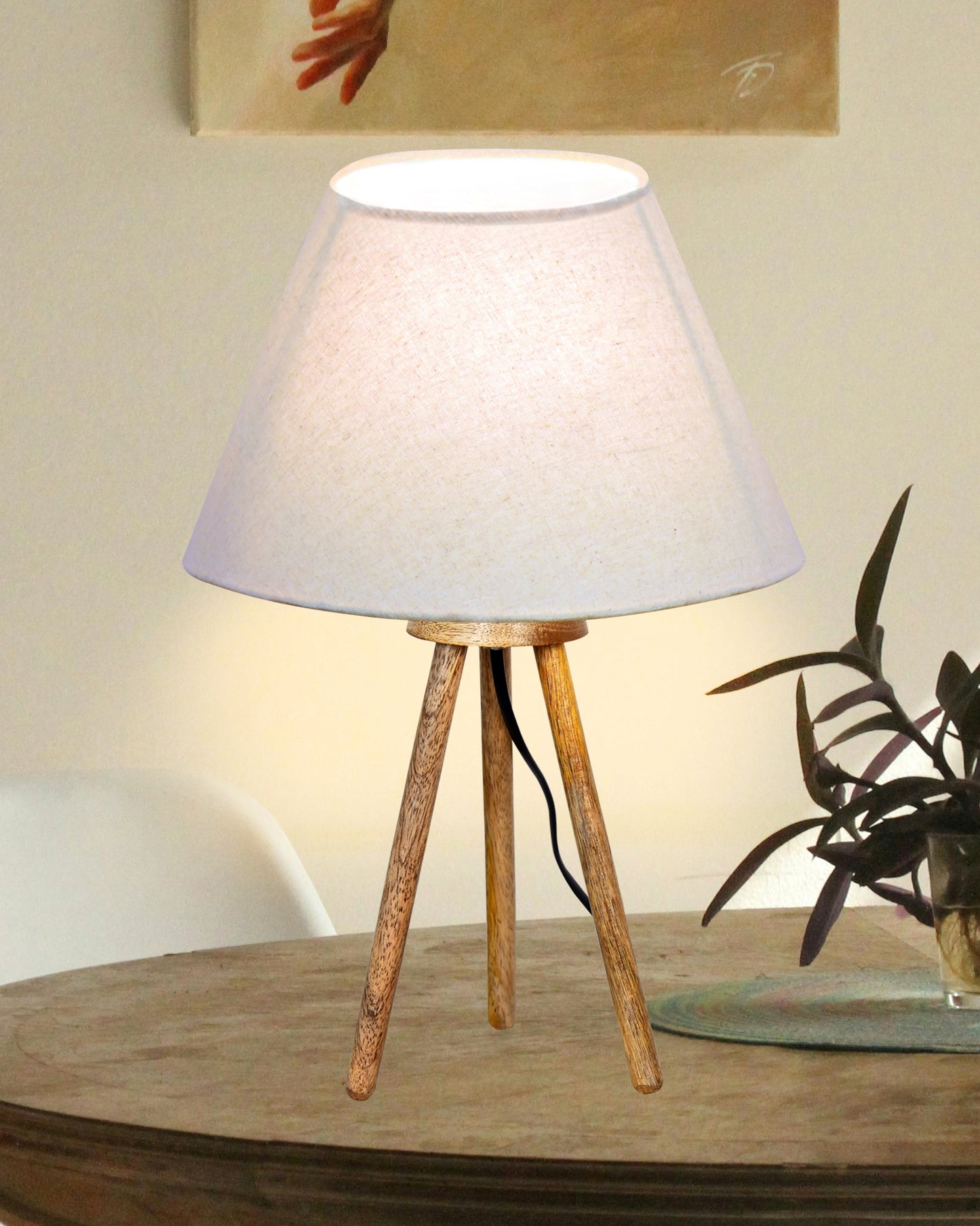 Wood Tripod Small Table Lamps, Rustic Antique Dimmable Bedside Lamp with Linen Lampshade, Nightstand Lamp for Nursery, Bedroom, Kid Room, Living Room,