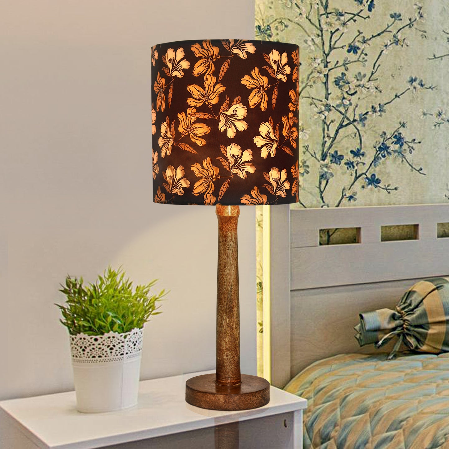 Modern Table Lamp, Wooden Base Modern Fabric Lampshade for Home Office Cafe Restaurant, Nordic Stick,