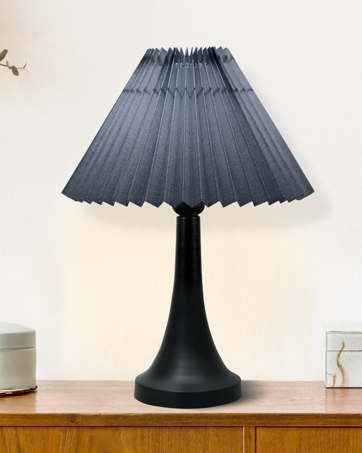 Bedside Black Metal Table Lamp with Fabric Shade, E27 holder, Cone, Pleated Jute Shade