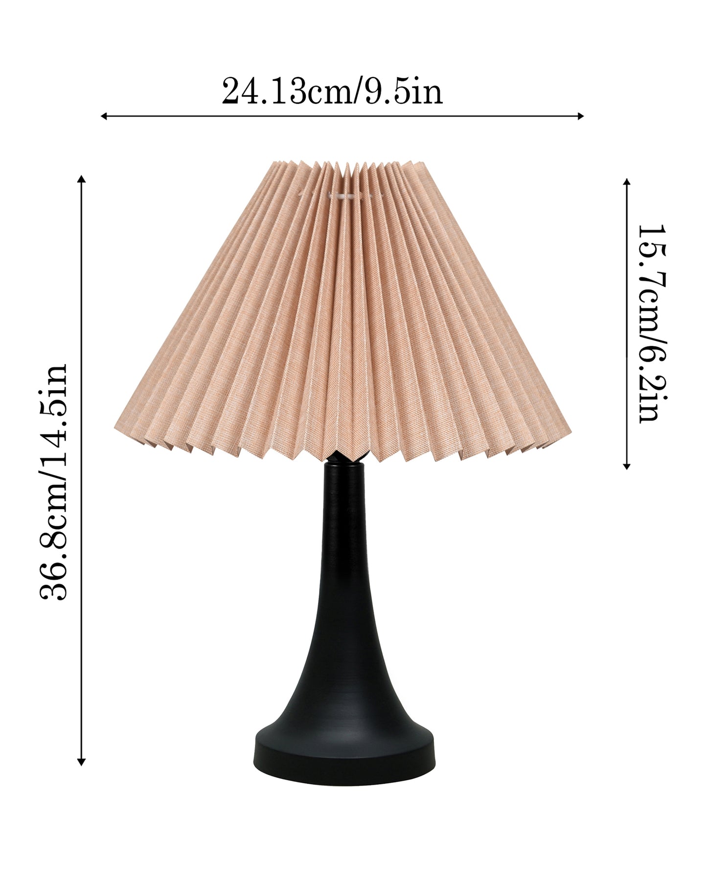 Bedside Black Metal Table Lamp with Fabric Shade, E27 holder, Cone, Pleated Jute Shade