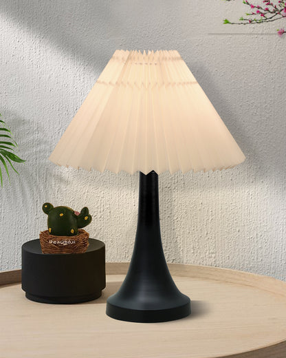 Bedside Black Metal Table Lamp with Fabric Shade, E27 holder, Cone, Pleated Jute Shade