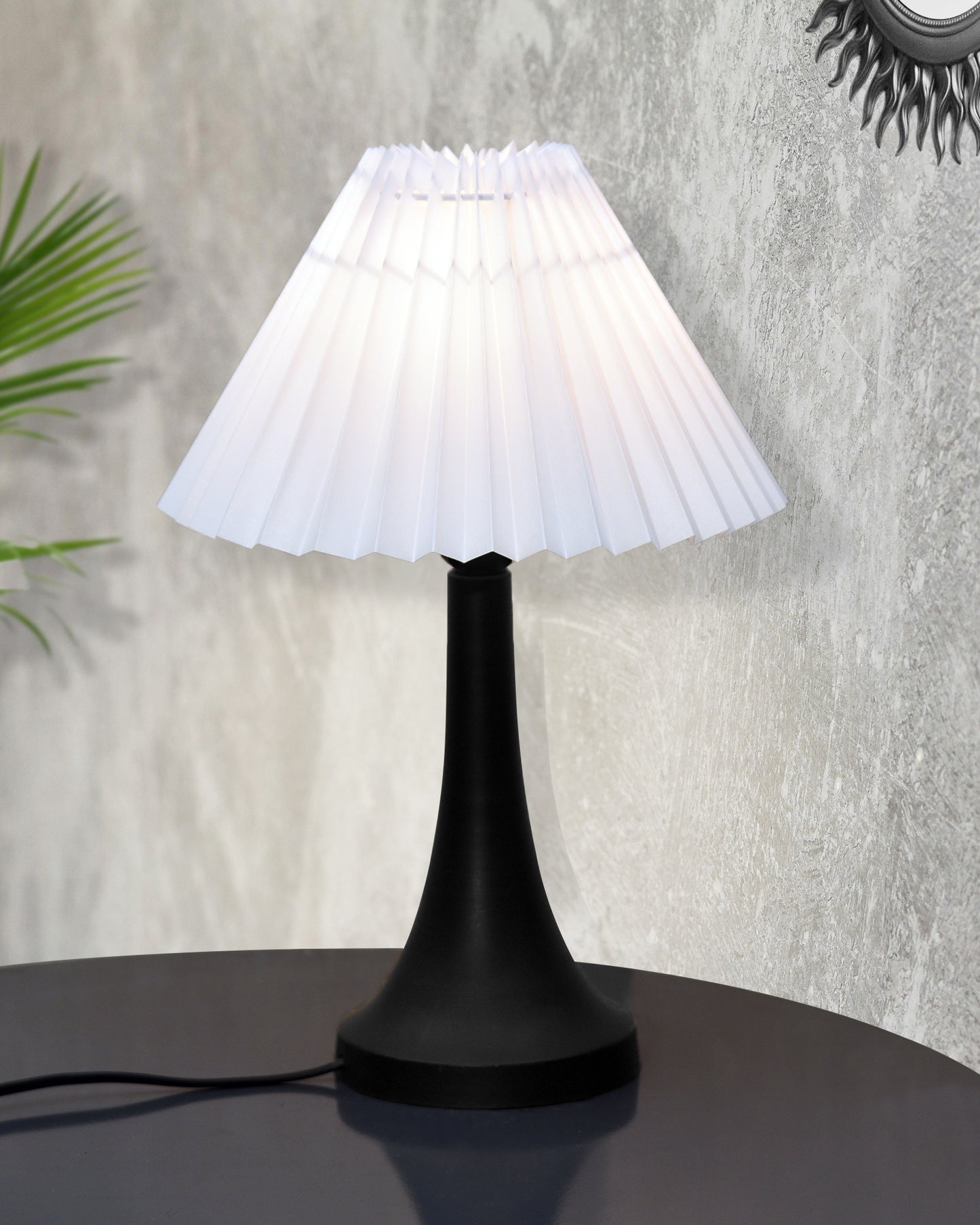 Bedside Black Metal Table Lamp with Fabric Shade, E27 holder, Cone, Pleated Jute Shade