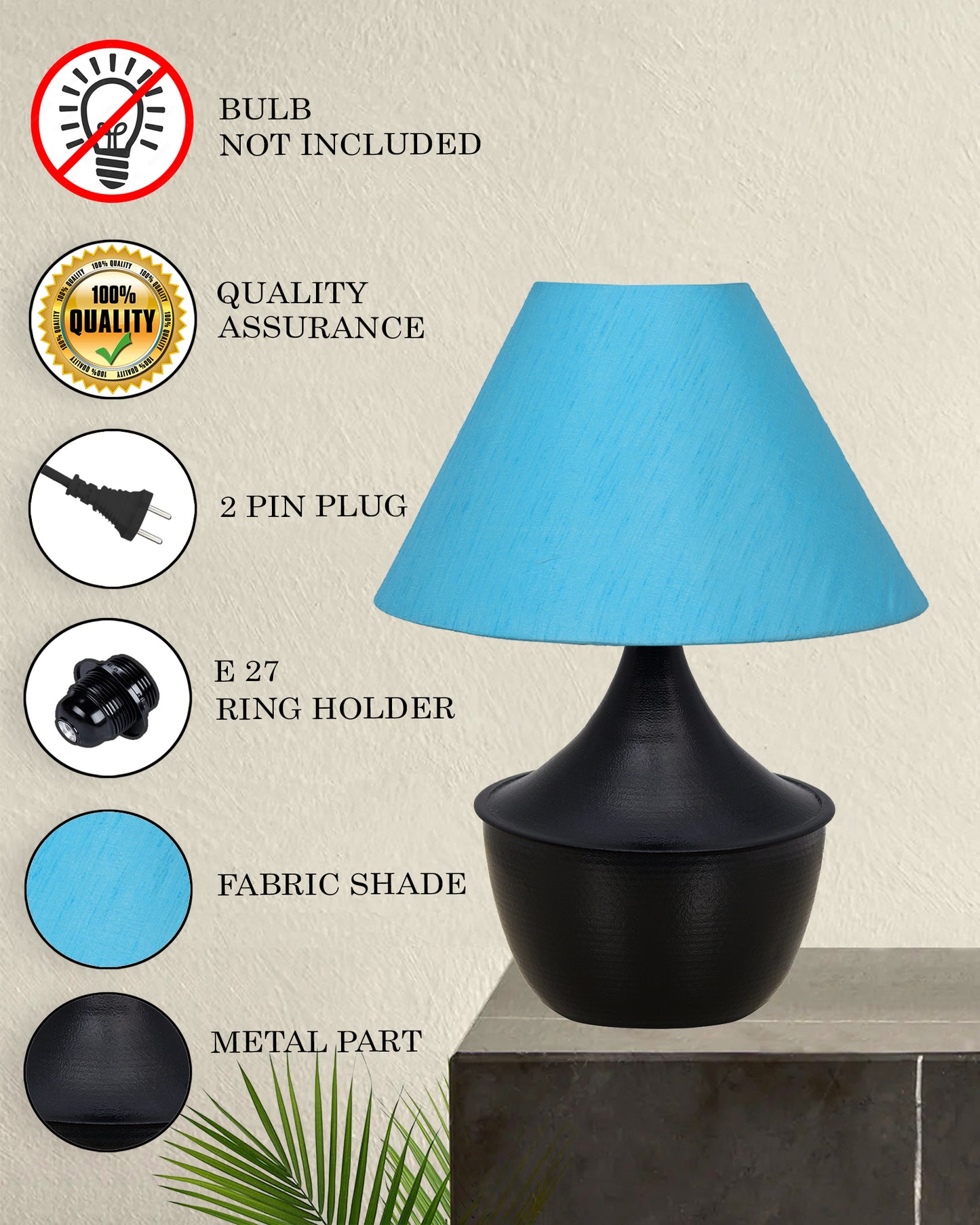 Bedside Table Lamp, Matt Black Metal Modern Lamp with Fabric Shade, Simple Side Lamp for Living Room,Bedroom,Home,Office Working, Black Tulip, Turquoise Shade