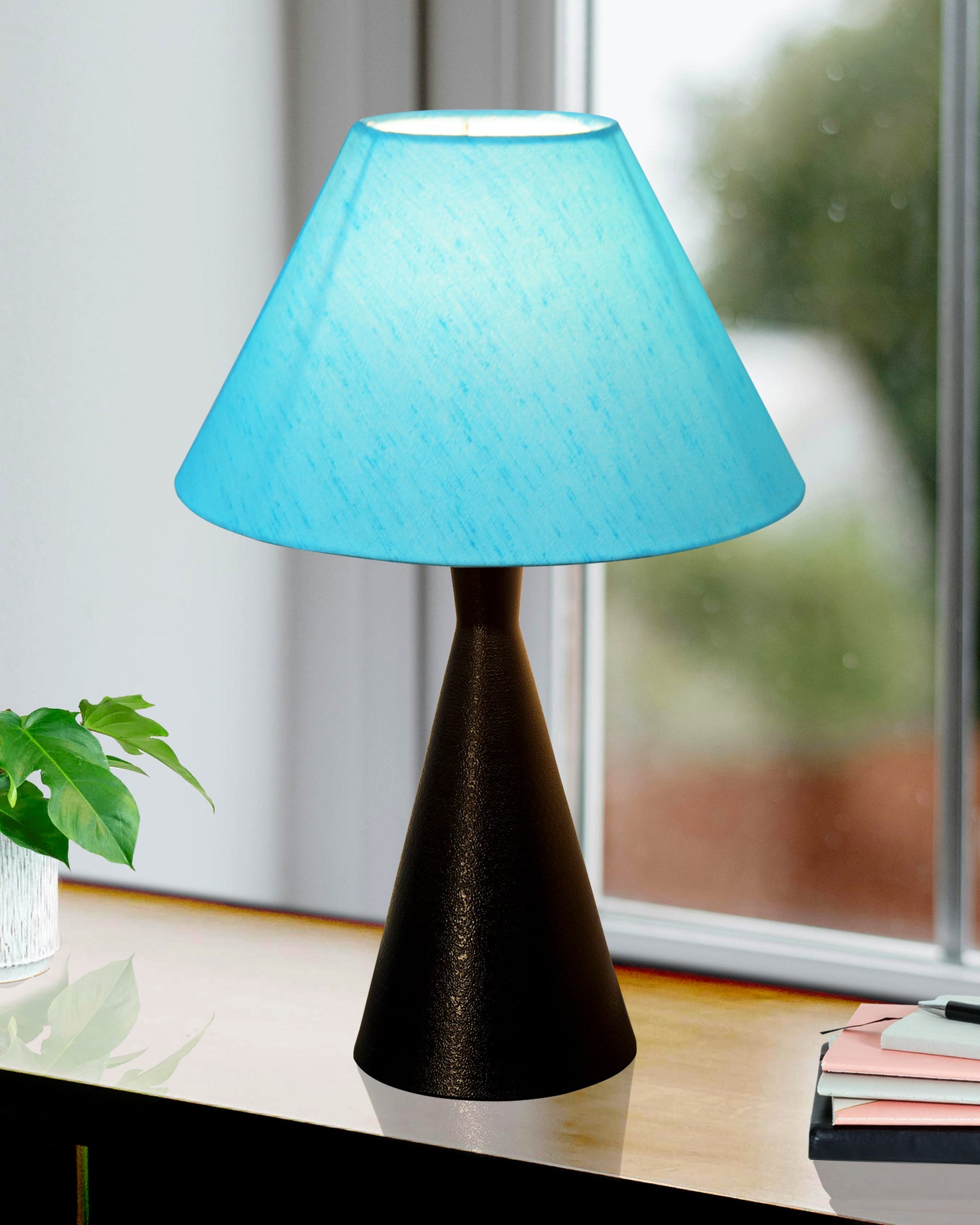 Bedside Table Lamp, Matt Black Metal Modern Lamp with Fabric Shade, Simple Side Lamp for Living Room,Bedroom,Home,Office Working, Black Cone, Turquoise Shade