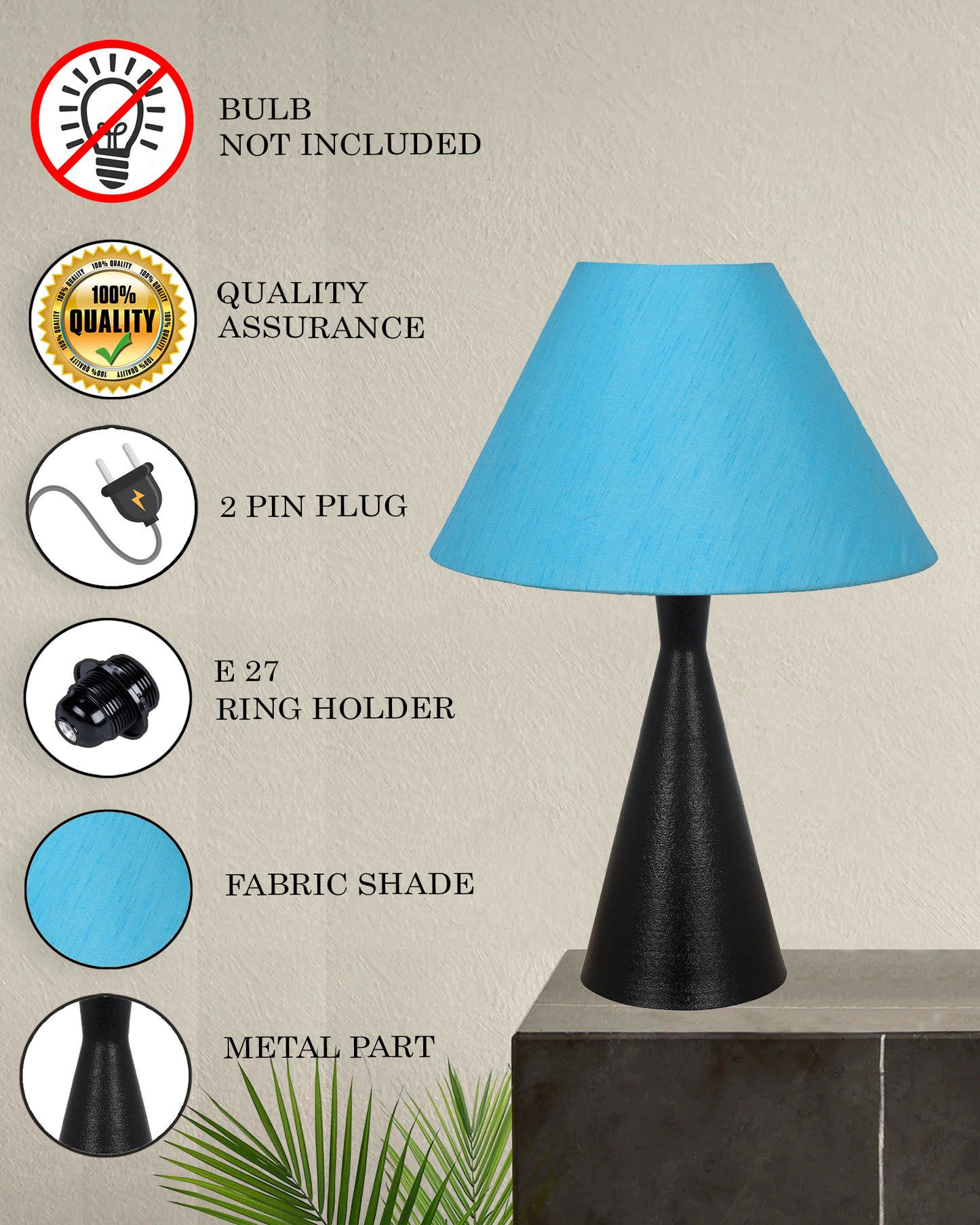 Bedside Table Lamp, Matt Black Metal Modern Lamp with Fabric Shade, Simple Side Lamp for Living Room,Bedroom,Home,Office Working, Black Cone, Turquoise Shade