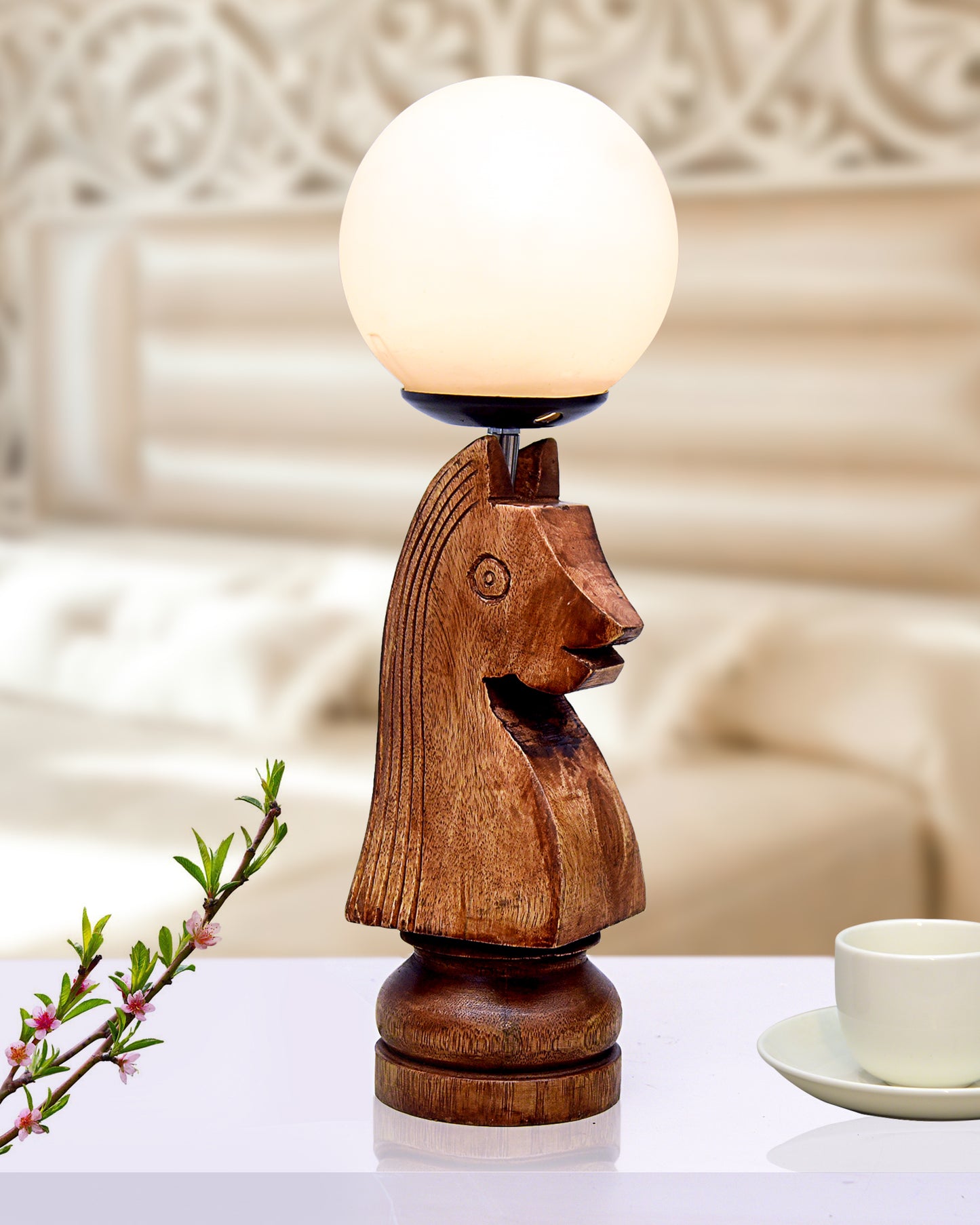 Chess Decorative Bedside Table Desk Lamp White Frost Shade for Décor, Accent Light, Gameroom, Kids', Living Room, Bedroom, Handmade Wooden, Pawn Horse Bishop Rook Queen  King