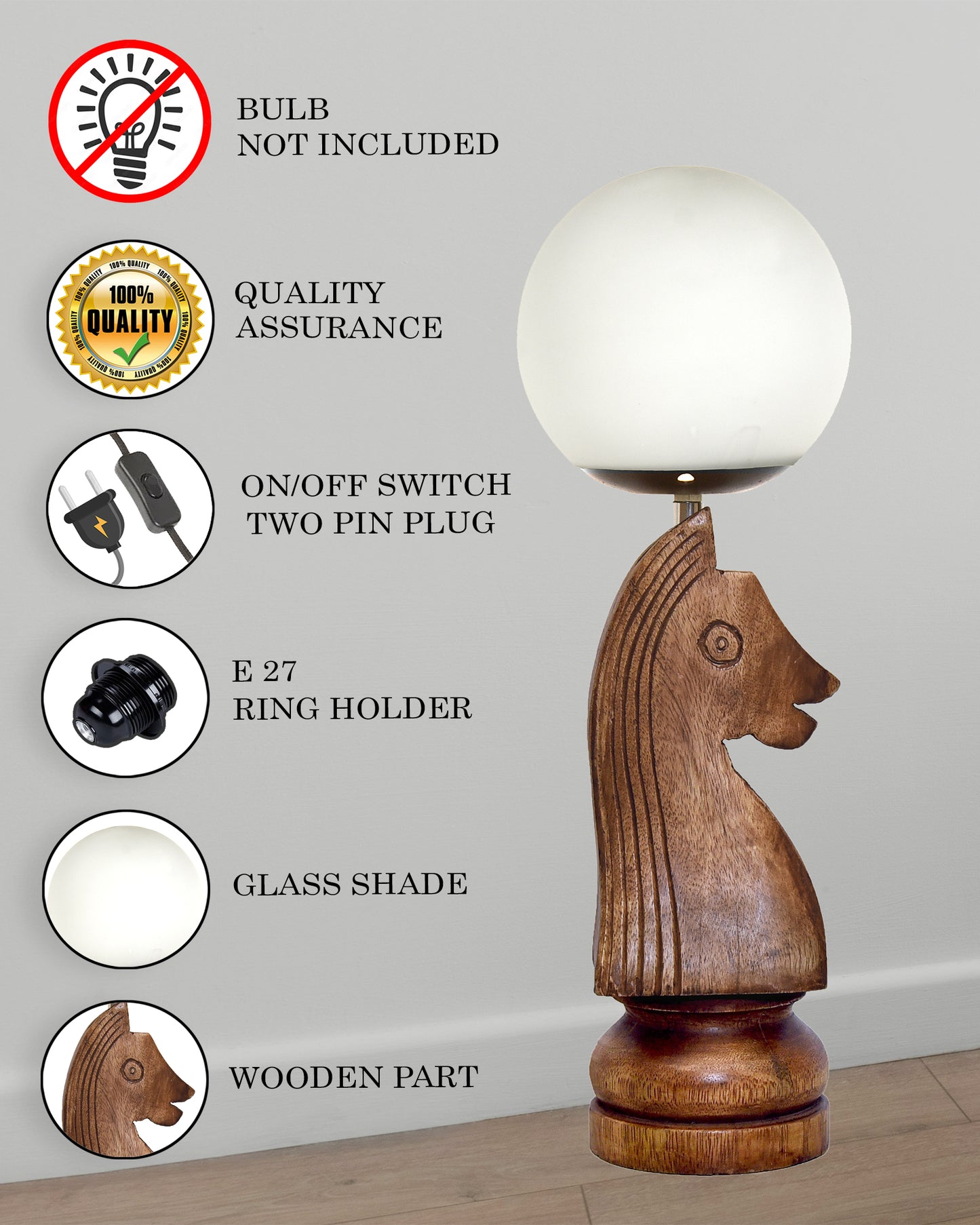 Chess Decorative Bedside Table Desk Lamp White Frost Shade for Décor, Accent Light, Gameroom, Kids', Living Room, Bedroom, Handmade Wooden, Pawn Horse Bishop Rook Queen  King